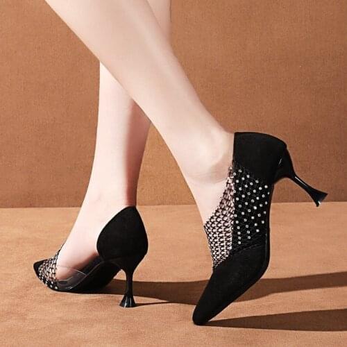 Fashion Mesh & Lace Hollow Stripe Crystal Ladies Casual Pointed Toe High Stilettos Heels Pumps Feminine Mujer Sandals Shoes A156