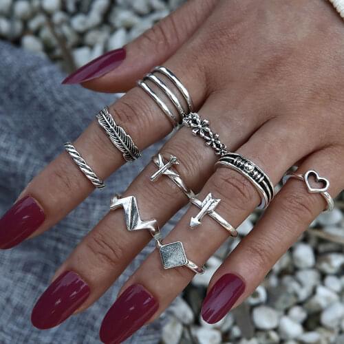 Vintage Silver Color Heart Joint Ring for Women Charm Moon Leaf Wing Geometric Wedding Ring Jewelry