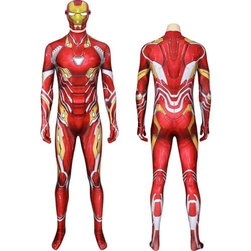 Adult Superheroes Iron Hero Tony Stark Jumpsuit Cosplay Costume Halloween Masquerade Printing Bodysuit