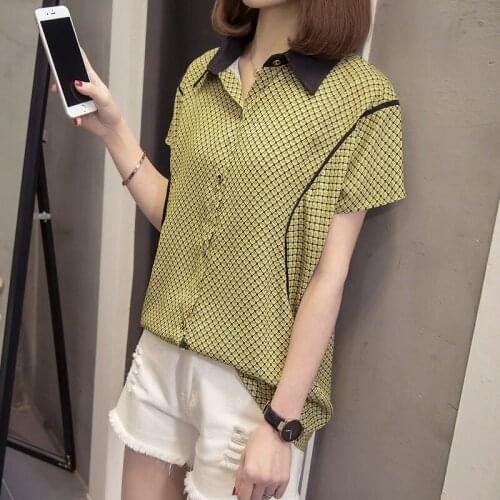 Korean Version Fashion Summer Plus Size Loose Lapel Plaid Shirt Female Temperament All-match Short Sleeve Chiffon Shirt aq491