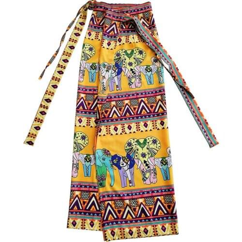 PERHAPS U Women Yellow Animal Print Lace-up Skirt Empire Thailand Beach Vacation Midi Skirt Summer S0305