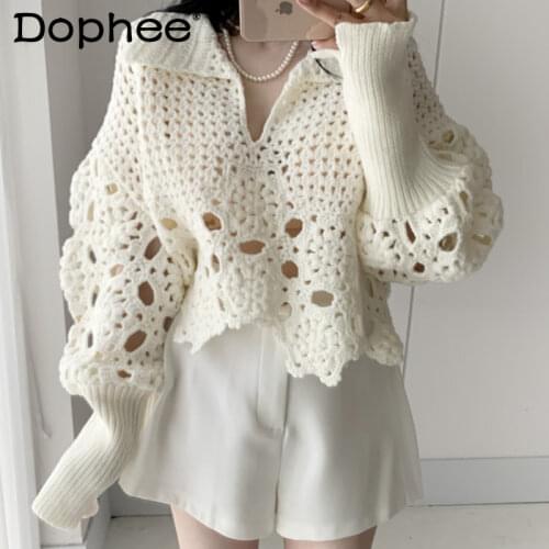 Korean 2021 New Autumn Sweater Women Sweet Chic Hollow-out Crochet Knit Jumper Loose Lantern Sleeve White Knitted Sweater Coat