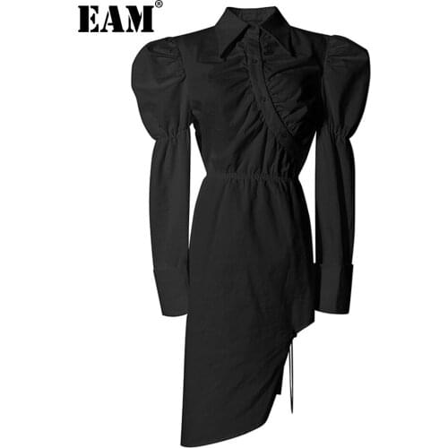 [EAM] Women White Asymmetrical Pleated Dress New Lapel Long Puff Sleeve Loose Fit Fashion Tide Spring Autumn 2021 1DD4455