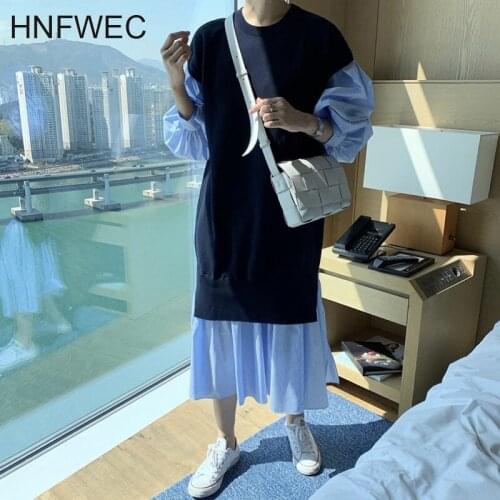 Vintage Patchwork Striped Women Dress O Neck Puff Sleeve Midi Casual Loose Dresses Female Fashion New Clothes 2020 Fall K648