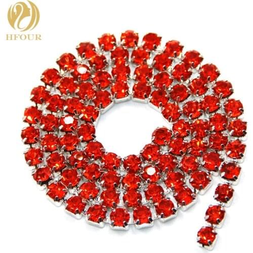New 5yard/pack High quality Sliver base Orange glass crystal Rhinestones Cup Chain DIY clothing/Wedding dress Accessories