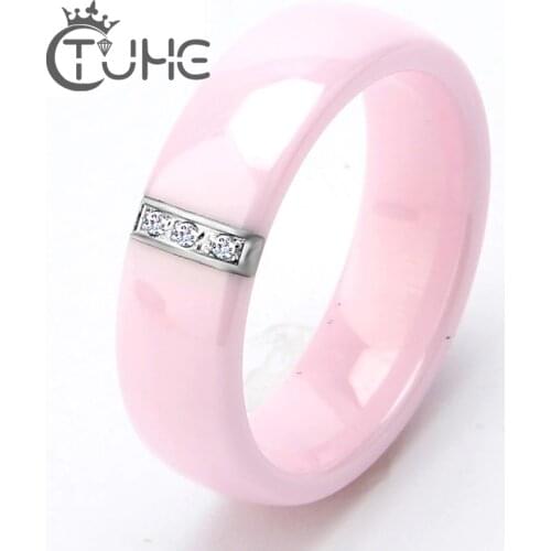6MM Pink Ceramic Ring For Women Cubic Zircon Stainless Steel 2021 New Jewelry Fashion Party Time Romantic Wedding