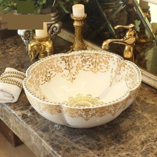 Jingdezhen antique Ceramic Counter Top Wash Basin Bathroom Sinks porcelain flower ceramic wash basin white with gold pattern