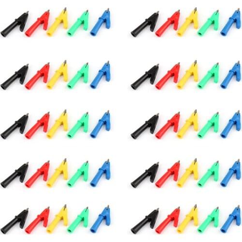 Artudatech 50Pcs Copper 5mm Mouth Alligator Clip For 4mm Banana Plug Test Probe Clamp 5Color Connector Parts