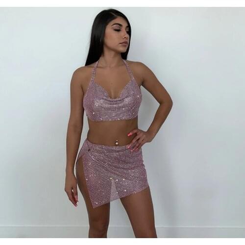 Shiny Crystal Diamond Metal Skirt Set Sexy Backless Nightclub Two Pieces Birthday Prom reception Suits Outfits Partywear