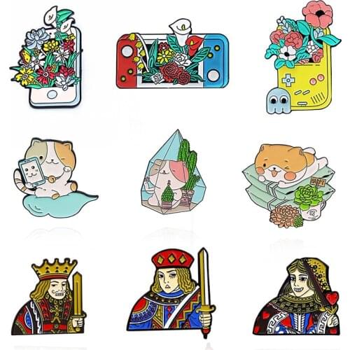 JQK Playing card Enamel Brooch Nintendo Mini Games Console Retro Switch flowers Lapel Pin Cute cat Happy badge Gifts for friends