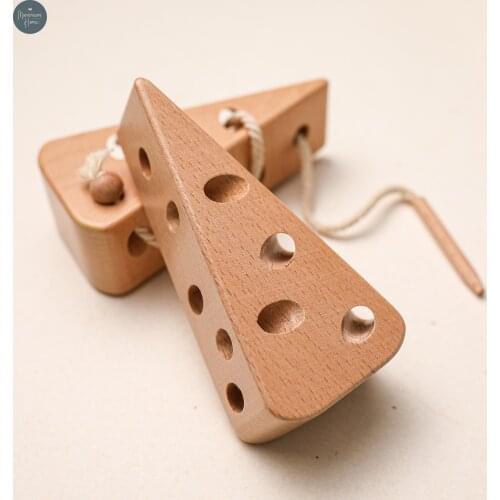 Hot Sale Wooden Kindergarten Cheese Threading Board Montessori Educational Toy 3d Puzzle Game Threading Toy Gifts for Kids
