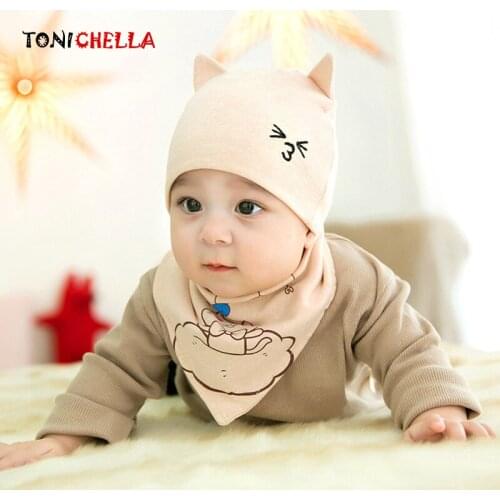 Baby Sleep Knitted Hat Cap Boys Girls With Saliva Towel Newborn Cotton Cartoon Cat Pattern Toddler Kids Accessories CL5236