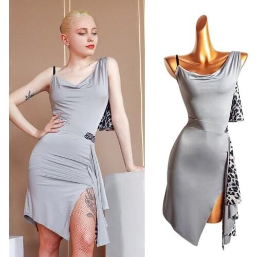 Women Latin Dance Suit Sleeveless Tango Prom Performance Costume Leopard Stitching Samba Cha Cha Competition Dancewear VDB3713