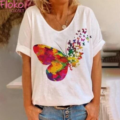Flokocloset Butterfly Print V-Neck Casual T-shirt Summer Harajuku Short Sleeve Tee Shirt Femme