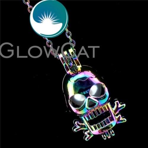 GLOWCAT R-C220 Rainbow Color Danger Skull Beads Cage Pendant Perfume Diffuser Aromatherapy Pearl Cage Locket Necklace