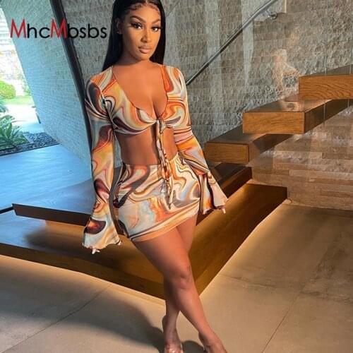 2Pcs Set Flared Long Sleeve Cut Out Bandage Mini Skirts Outfits Summer See Through Mesh Printed Party Sexy Bodycon Crop Tops