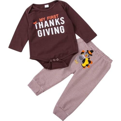 Thanksgiving Baby Girl Boy Outfits Long Sleeve Letter Print Romper Tops+Turkey Striped Pants 2Pcs Outfits Set