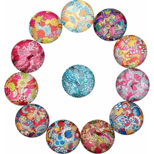 LOULEUR 20pcs 10/12/14/20/25mm Flower Pattern Photo Glass Round Crystal Cabochon Fit Ring Bracelets DIY Jewelry Making Findings