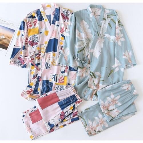 Summer womens pajamas cotton silk fashion half sleeve trousers Japanese kimono Sleepwear set womens rayon cool loose home wear