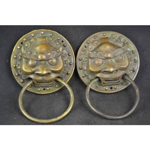 Copper Brass Exquisite Collectible A Pair of Elaborate Chinese Old Decorated Copper Lion Head Exorcise Door Holder Statues