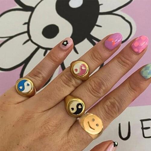 Fashion Gold Silver Color Metal Rings Korean Cute Enamel Smile Heart Yin and Yang Adjustable Open Rings for Women Jewelry Gifts
