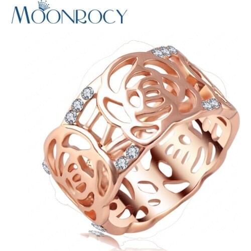 MOONROCY Free Shipping Fashion Cute Crystal Ring Jewelry Wholesale Rose Gold Color Fashion flower Gift New for women