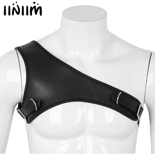 Mens Leather Bondage for Night Clubwear Party Costumes Show One Shoulder Adjustable Arm Muscles Body Chest Harness Male Belt