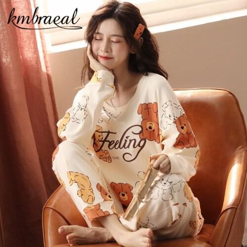 Pajamas Set Women Long Sleeve Sleepwear Cotton Loose Autumn Homewear Two Piece Set Leisure Solid Can Wear Outside Plus Size 3xl