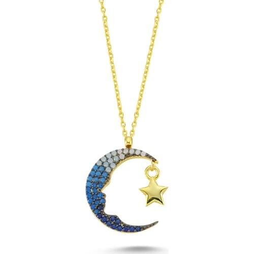 14k (585) Gold Moon and Star Ataturk Pendant, Necklace