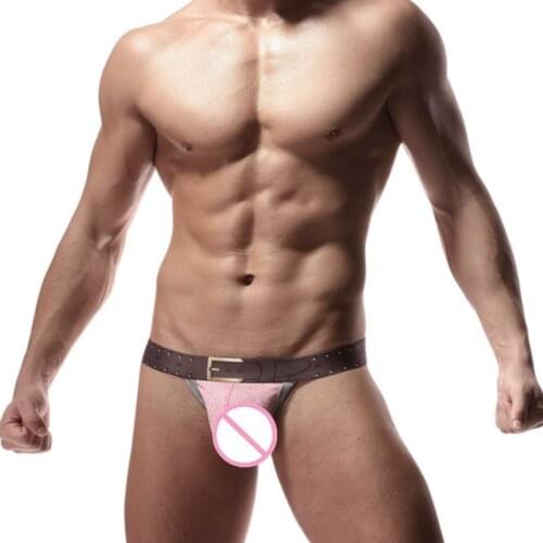 Belt Print Cotton Penis Pouch Thong Men Gay Underwear Sexy Jock Strap G String Low Waist Mens Backless Underwear Lingerie Thongs