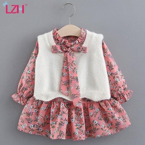 LZH Infant Party Dress New Autumn Winter Baby Velvet Vest+Long Sleeve Floral Print Dress For Baby Princess Dress Newborn Clothes
