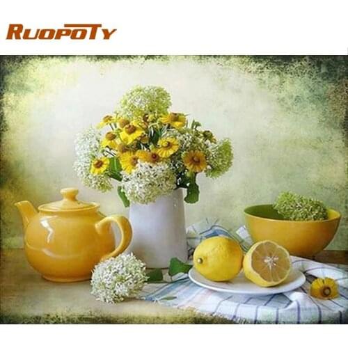 RUOPOTY 60x75cm Frameless Pictures By Numbers Yellow Flower On Table Hand Painted Picture By Number Modern Home Decor Art