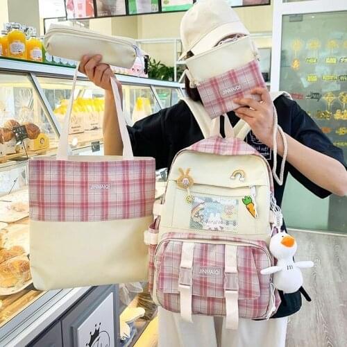 4-piece Fashion Womens Backpack Trend Nylon Plaid School Bag For Girls Large-capacity Waterproof Outdoor Travel Bagpacks 2021