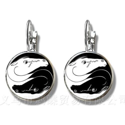 Two Horses Yin Yang Glass Dome Earrings Symbol Jewelry Natural Rustic Classic Style Symbolizing Harmony Bring Good Luck Jewelry
