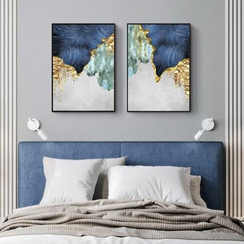 Modern Abstract Nordic Blue Gold Foil Line Canvas Poster Printing Wall Art Painting Picture Living Room Home Decoration