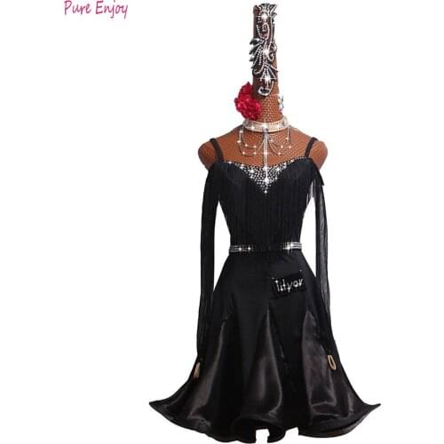 Standard Latin dance skirt female rhinestone naked shoulder long-sleeved dress ladies ballroom dance fishbone skirt