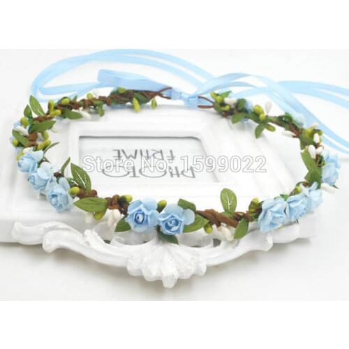 Bridal Flower Crown Headband Woodland Hair Garland Jewelry Bride Headdress Rustic Wedding Hairband Light Blue Gloral Head Wreath