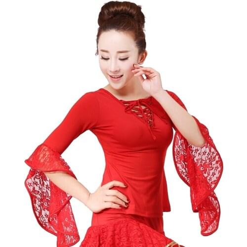 Women Blouse Shirt Tops Lace Flare Sleeve Hollow Out Latin ChaCha Ballroom Dance Wear Costume 912-A203