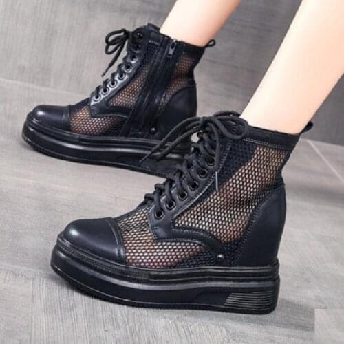 Summer New Fashion Wedges Height Increasing Platform Breathable Mesh Genuine Leather Women Ankle Short Equestrian Boots 20210414