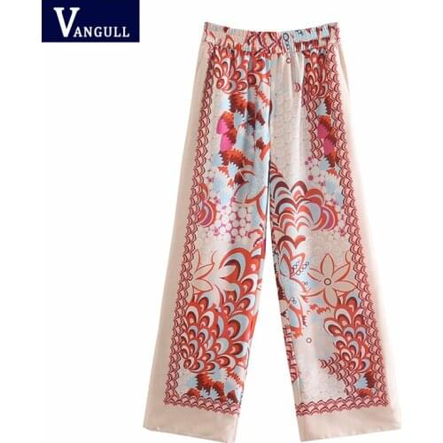 Vangull Vintage Flower Print Women Pants Summer New Elastic Waist Loose Female Wide Leg Pants Chic Pocket Thin Ladies Long Pants