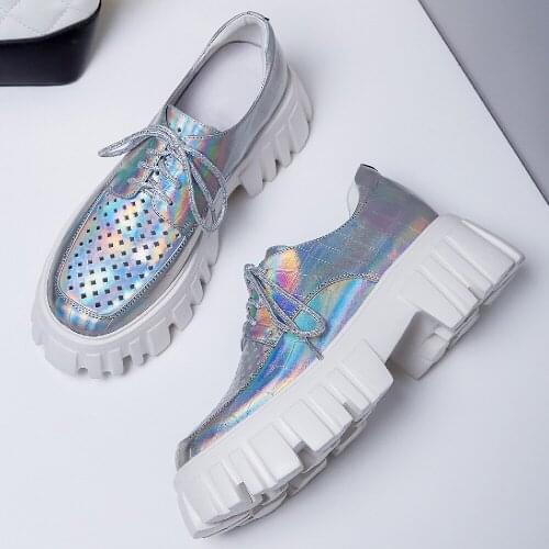 Womens genuine leather hollow-out summer breathable thick sole platform flats sneakers lace-up female punk casual daily shoes