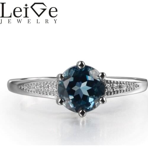 Leige Jewelry Natural London Blue Topaz Round Cut Blue Gemstone Prong Setting Engagement Rings 925 Silver Ring