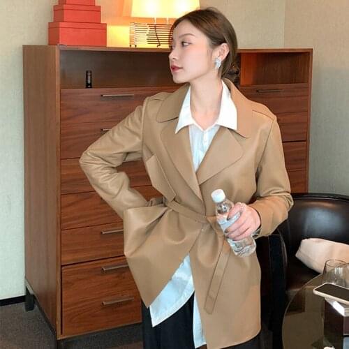 Fashion Sheath Temperament Khaki Sheepskin Coat Women 2021 Spring New Female Office Real Leather Mid Length Jacket with Belt