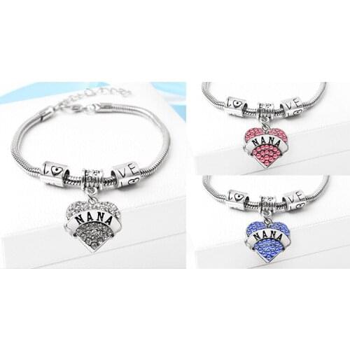 1PCS Engraved Letters Bracelet Silver Pink Blue Rhinestone Color NANA MIMI Heart Pendant Necklace Jewelry Gifts For Friend