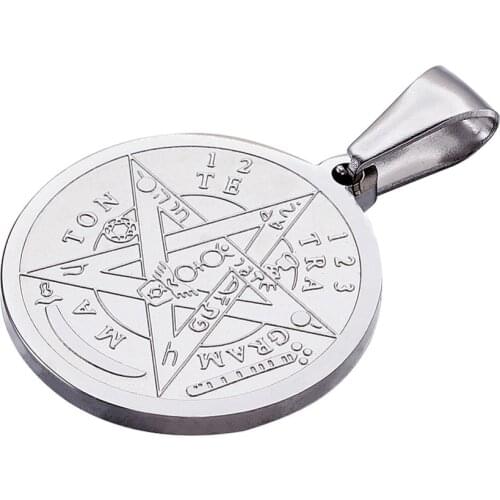 10pc 27x24x2mm Religion Stainless Steel Flat Round Carved Tetragrammaton Pentagram Wiccan Necklace Pendant Charm Jewelry Finding