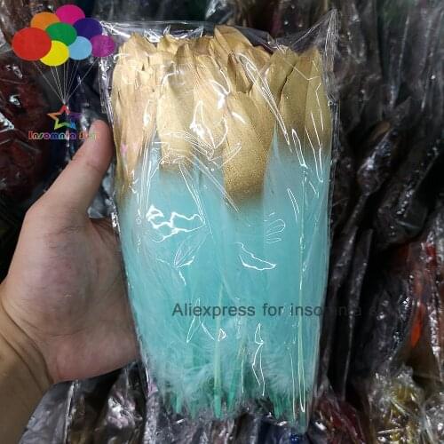 100pcs dye sky blue 15-20cm/6-8 inches Diy Beautiful Gold head Goose Feather Tape center plumas faisan view