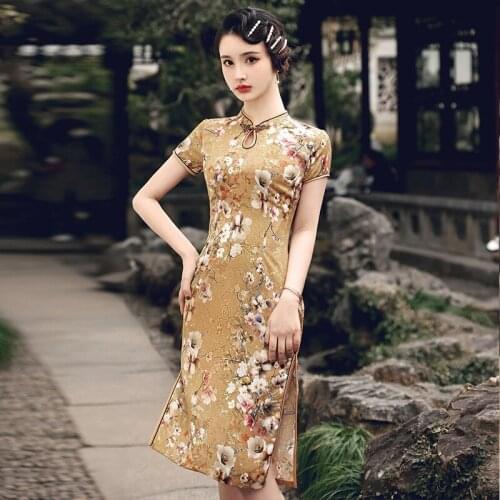 2021 New Summer Yellow Floral Print Short Sleeve Cheongsam Chinese Traditional Vintage Slim Qipao Plus Size M-4XL