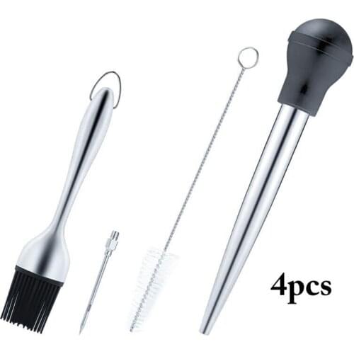 4PCS/Set Turkey Baster With Silicone Bulb Stainless Steel Syringe Needles Cleaning Brush BBQ Barbecue Seasoning Tool