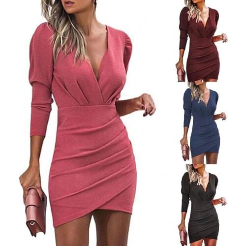 80% Hot Sales!! Sexy Women Long Sleeve Deep V Neck Ruched Waist Tight Party Mini Bodycon Dress