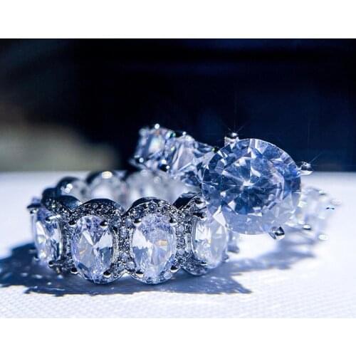 925 Silver Fashion 2Pcs/Set Rings Full Inlay Oval Shiny Zircon Fine Jewelry For Women Wedding Engagement Eternity Ring Gift